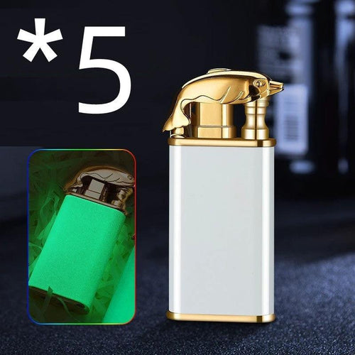 Mandotos Creative Blue Flame Lighter with dolphin, dragon, tiger designs, metal windproof double flame, refillable and stylish.