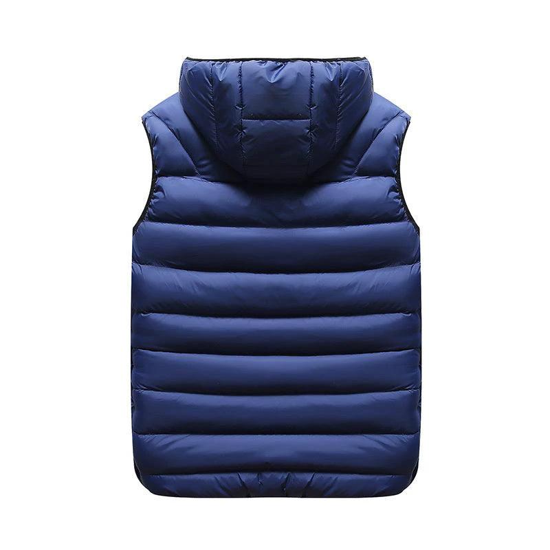 MANDOTOS Down Cotton Vest Jacket With Velvet Warmth Sleeveless Puffer Vest Blue Hooded Winter Outerwear - MANDOTOS