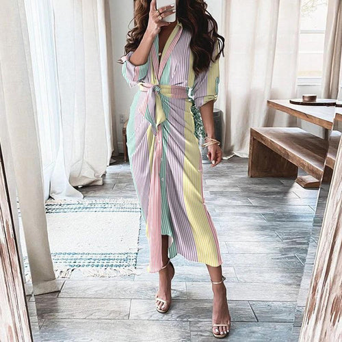 Mandotos European And American Print Long Sleeve Laceup Button Front Shirt Dress - MANDOTOS