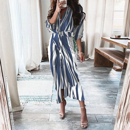 Mandotos European And American Print Long Sleeve Laceup Button Front Shirt Dress - MANDOTOS