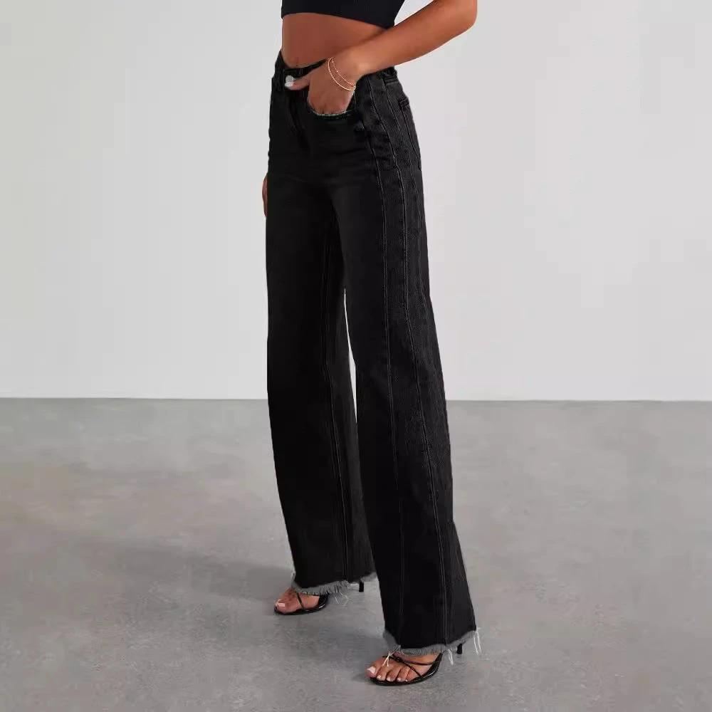 Mandotos Fashion High Waist Jeans With Pockets Slim Fit Straight Wide Leg Denim Pants - MANDOTOS