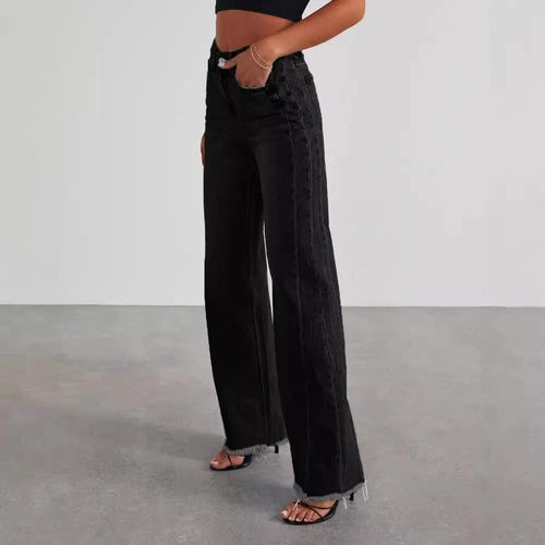 Mandotos Fashion High Waist Jeans With Pockets Slim Fit Straight Wide Leg Denim Pants - MANDOTOS