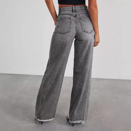 Mandotos Fashion High Waist Jeans With Pockets Slim Fit Straight Wide Leg Denim Pants - MANDOTOS