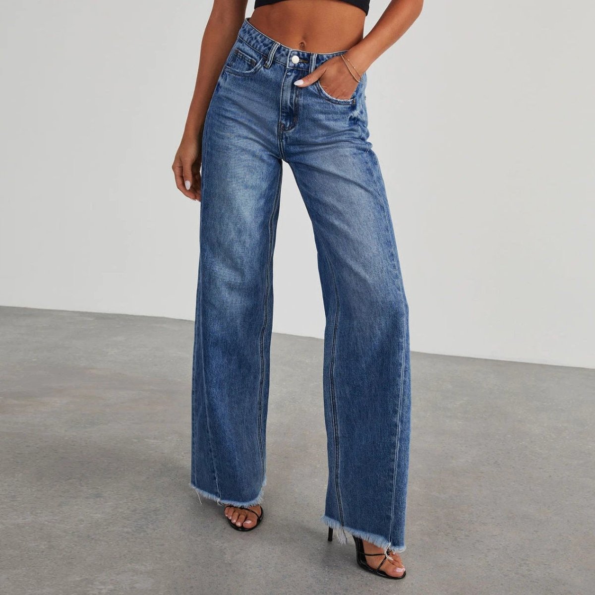 Mandotos Fashion High Waist Jeans With Pockets Slim Fit Straight Wide Leg Denim Pants - MANDOTOS