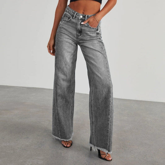 Mandotos Fashion High Waist Jeans With Pockets Slim Fit Straight Wide Leg Denim Pants - MANDOTOS