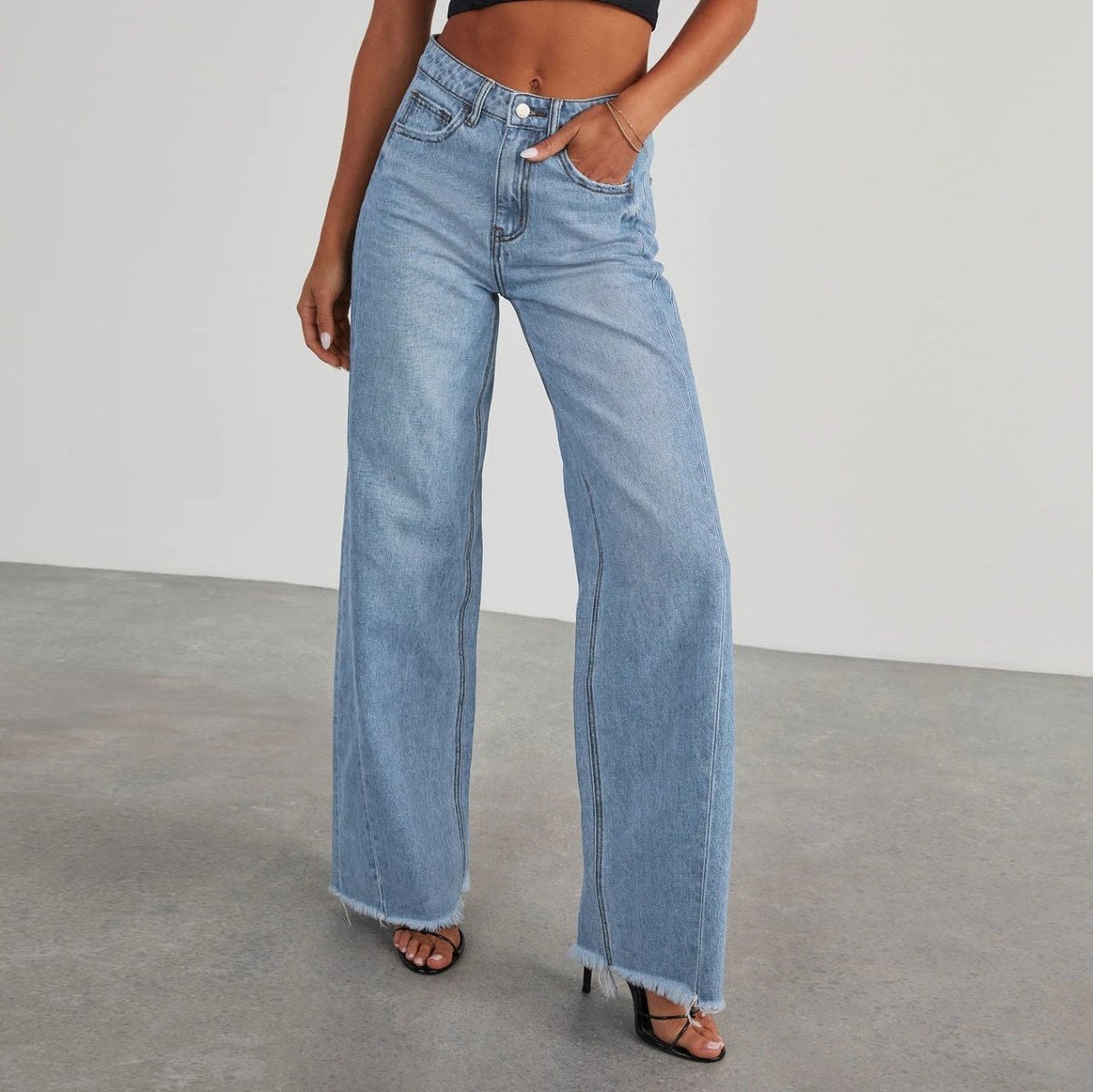 Mandotos Fashion High Waist Jeans With Pockets Slim Fit Straight Wide Leg Denim Pants - MANDOTOS