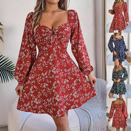 Mandotos floral print lantern sleeve dress in red with a tie square neckline and A-line long sleeves, stylish and elegant.