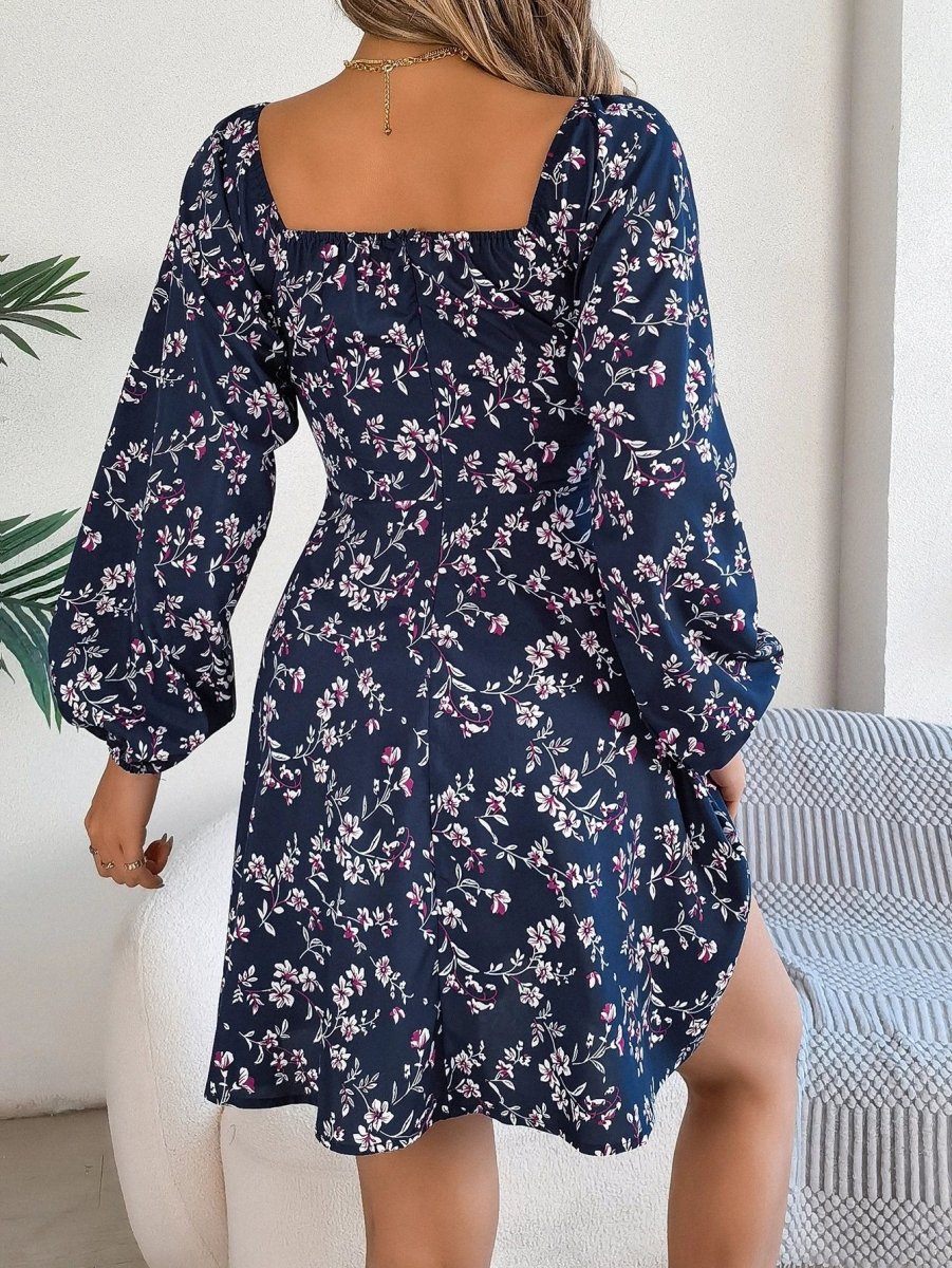 Mandotos Floral Print Lantern Sleeve Dress Red Tie Square Neck A Line Long Sleeve - MANDOTOS