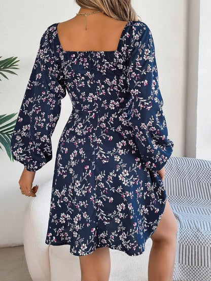 Mandotos Floral Print Lantern Sleeve Dress Red Tie Square Neck A Line Long Sleeve - MANDOTOS