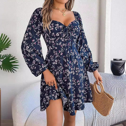 Mandotos floral print lantern sleeve dress in red with tie square neck and A-line long sleeves, stylish and elegant for occasions.