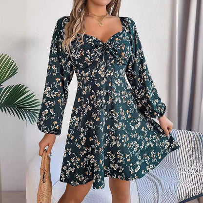 Mandotos Floral Print Lantern Sleeve Dress Red Tie Square Neck A Line Long Sleeve - MANDOTOS