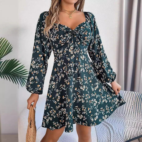 Mandotos floral print red lantern sleeve dress with tie square neck and A-line long sleeves, stylish and elegant for women.