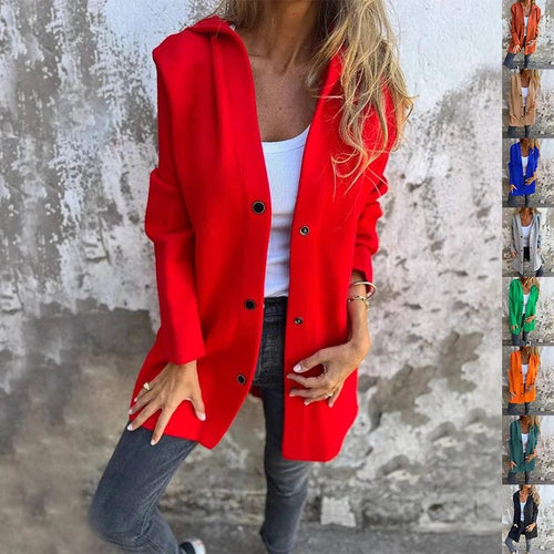 Red MANDOTOS hooded cardigan with single-breasted design and loose fit, displayed as a stylish, casual jacket.