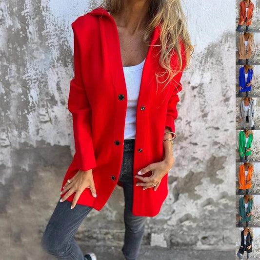 Red MANDOTOS hooded cardigan with single-breasted design and loose fit, displayed as a stylish, casual jacket.