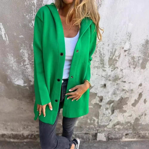Red MANDOTOS hooded cardigan with single-breasted design, loose fit, and casual style, shown on a model.
