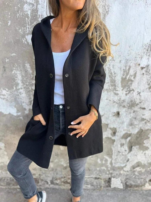 Red hooded cardigan by MANDOTOS, single-breasted loose-fit jacket with front buttons and cozy hood for casual wear.