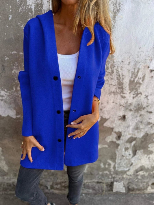 Red hooded cardigan by MANDOTOS featuring a single-breasted, loose fit design and casual style.
