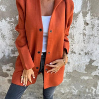 Mandotos red hooded cardigan with single-breasted design, loose fit, and casual style, shown on a model.