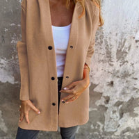 Mandotos red hooded cardigan with single-breasted design and loose fit, stylish casual jacket for women.