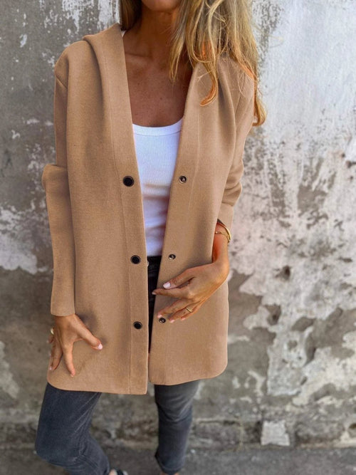 Mandotos red hooded cardigan with single-breasted design and loose fit, stylish casual jacket for women.