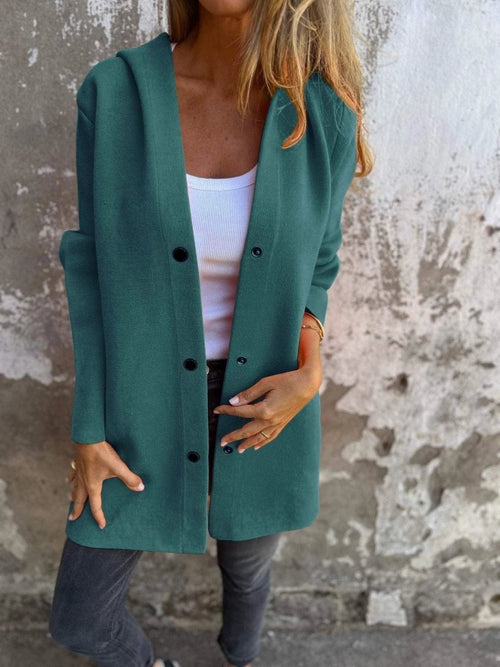Mandotos hooded cardigan in red, single-breasted, loose fit, casual jacket with front pockets and a relaxed style.