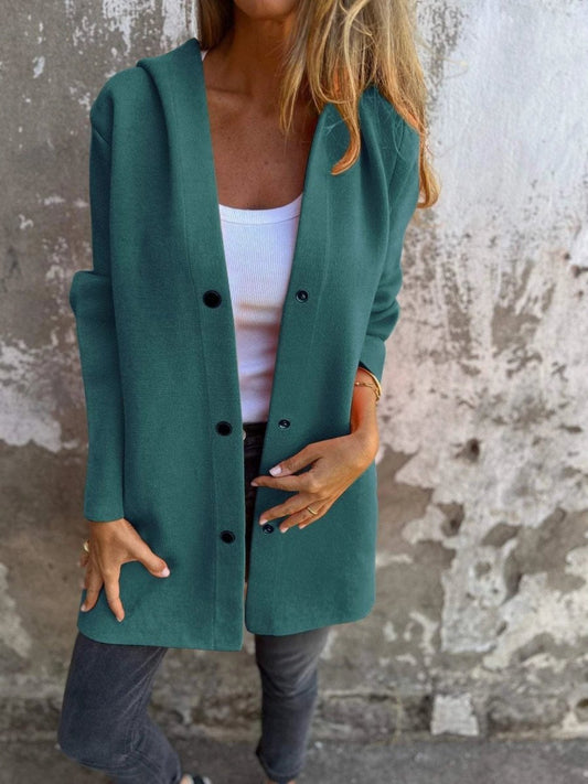 Mandotos hooded cardigan in red, single-breasted, loose fit, casual jacket with front pockets and a relaxed style.