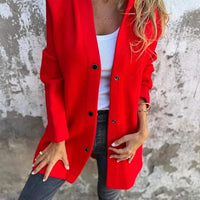 Red hooded cardigan by MANDOTOS, single-breasted and loose-fitting, displayed as a stylish, casual jacket.