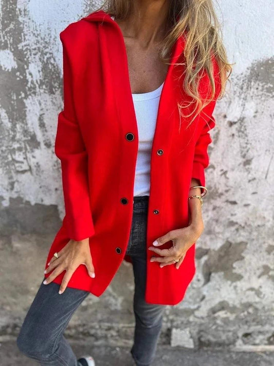 Red hooded cardigan by MANDOTOS, single-breasted and loose-fitting, displayed as a stylish, casual jacket.