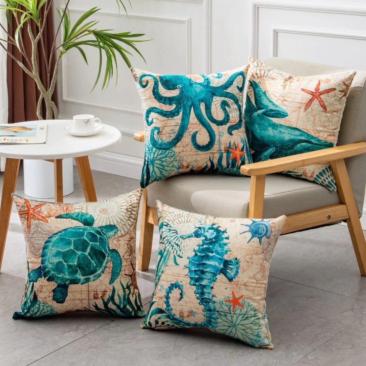 Mandotos Sea Turtle Printed Cushion Covers Linen Throw Pillow Cases For Home Decor Sofa Chair - MANDOTOS