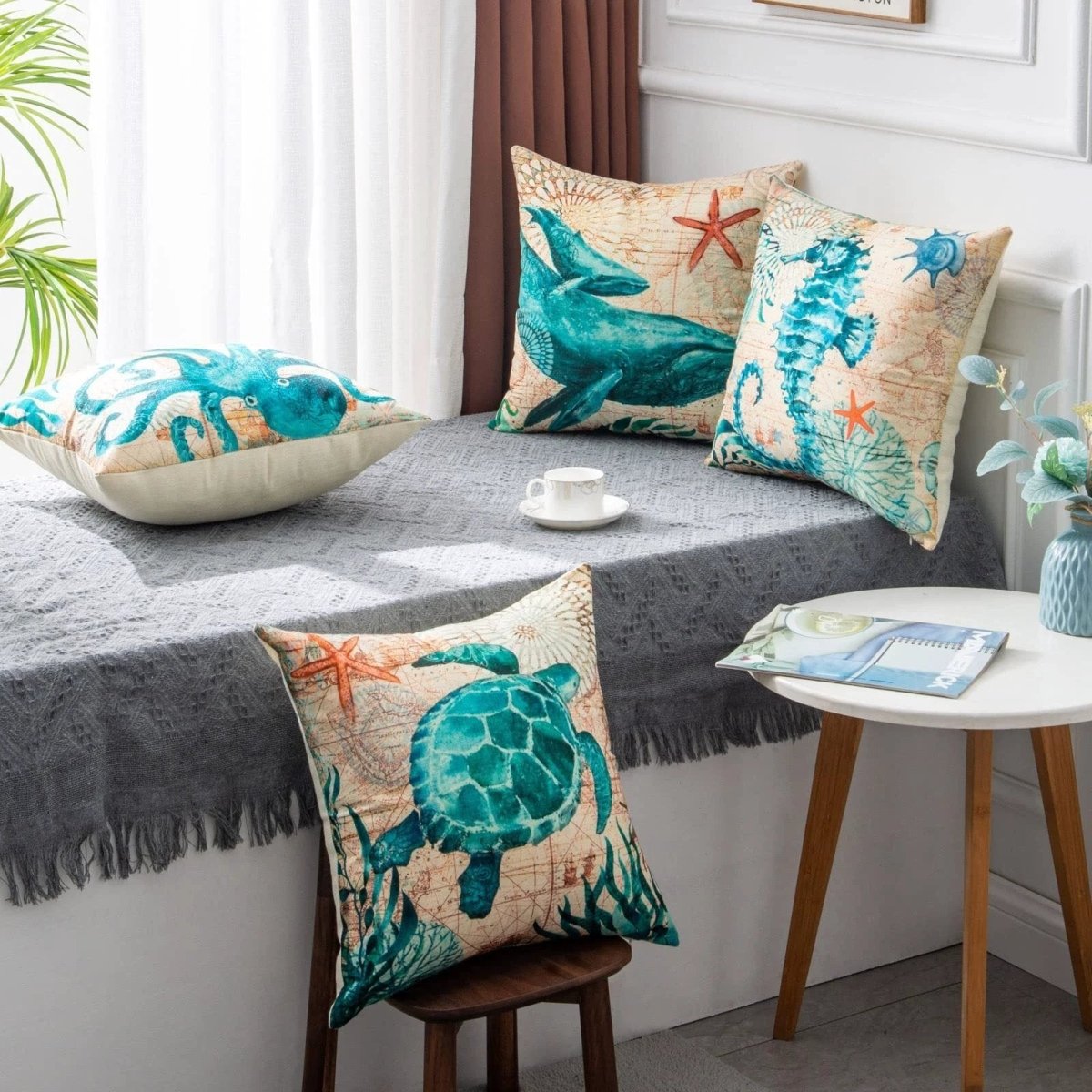 Mandotos Sea Turtle Printed Cushion Covers Linen Throw Pillow Cases For Home Decor Sofa Chair - MANDOTOS