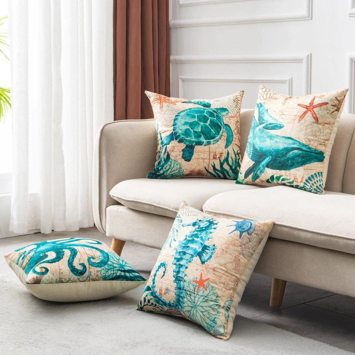Mandotos Sea Turtle Printed Cushion Covers Linen Throw Pillow Cases For Home Decor Sofa Chair - MANDOTOS