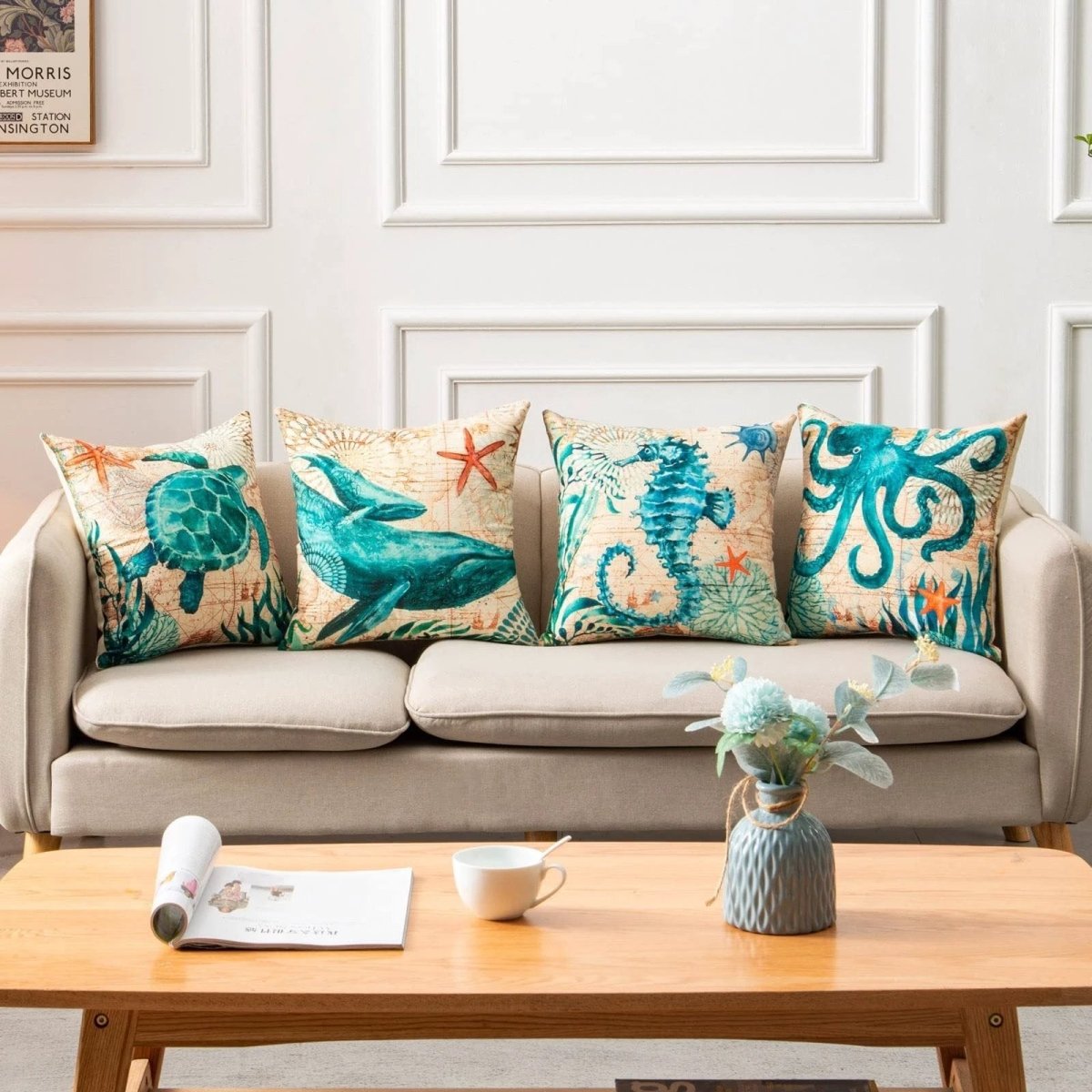 Mandotos Sea Turtle Printed Cushion Covers Linen Throw Pillow Cases For Home Decor Sofa Chair - MANDOTOS