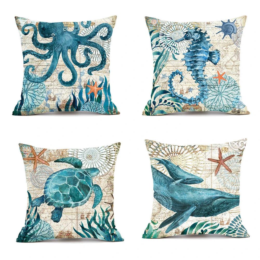 Mandotos Sea Turtle Printed Cushion Covers Linen Throw Pillow Cases For Home Decor Sofa Chair - MANDOTOS