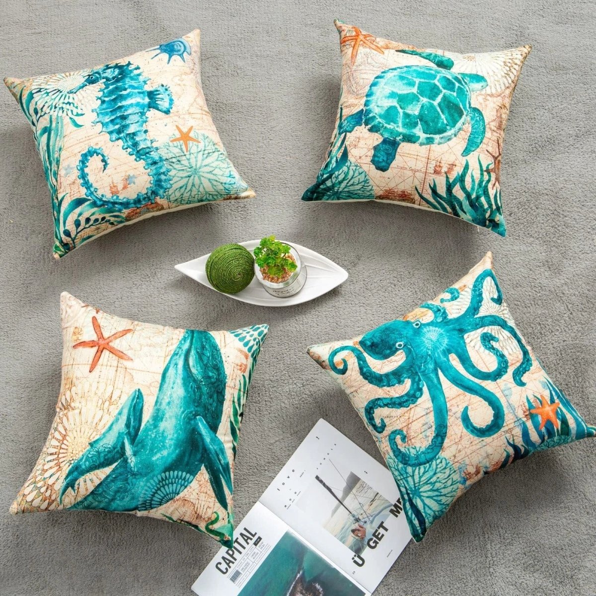 Mandotos Sea Turtle Printed Cushion Covers Linen Throw Pillow Cases For Home Decor Sofa Chair - MANDOTOS