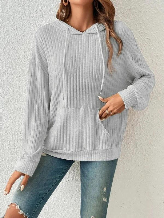 Mandotos Womens Knit Hoodie Sweatshirt With Pockets Drawstring Long Sleeve Solid Sunken Stripe Knitwear - MANDOTOS