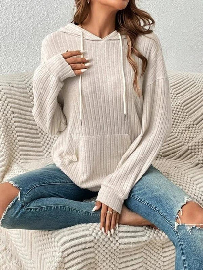 Mandotos Womens Knit Hoodie Sweatshirt With Pockets Drawstring Long Sleeve Solid Sunken Stripe Knitwear - MANDOTOS