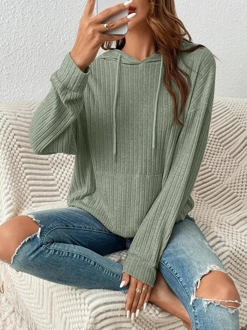 Mandotos Womens Knit Hoodie Sweatshirt With Pockets Drawstring Long Sleeve Solid Sunken Stripe Knitwear - MANDOTOS