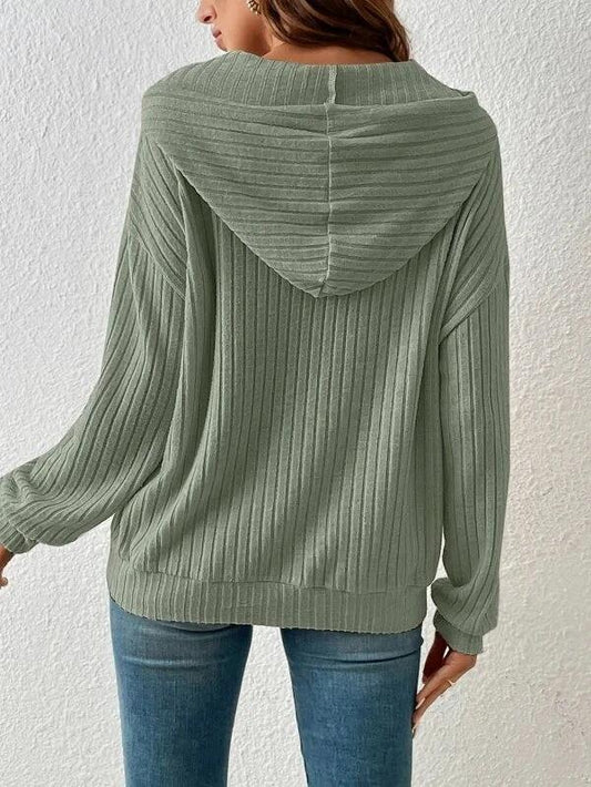 Mandotos Womens Knit Hoodie Sweatshirt With Pockets Drawstring Long Sleeve Solid Sunken Stripe Knitwear - MANDOTOS