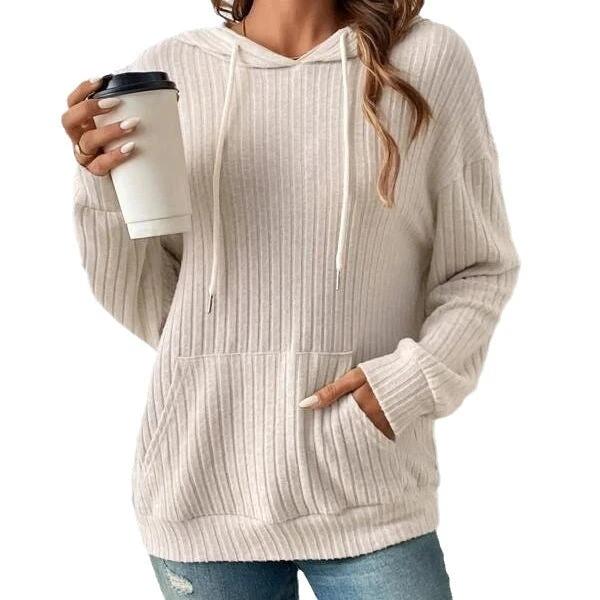 Mandotos Womens Knit Hoodie Sweatshirt With Pockets Drawstring Long Sleeve Solid Sunken Stripe Knitwear - MANDOTOS