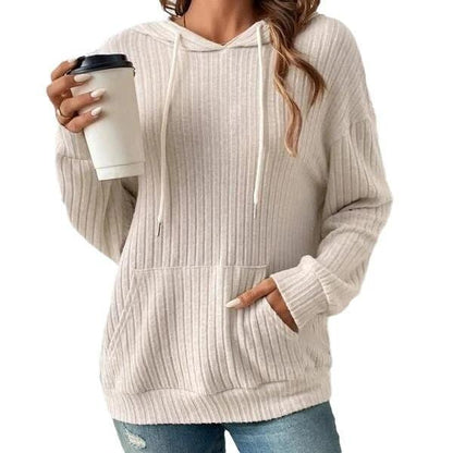 Mandotos Womens Knit Hoodie Sweatshirt With Pockets Drawstring Long Sleeve Solid Sunken Stripe Knitwear - MANDOTOS