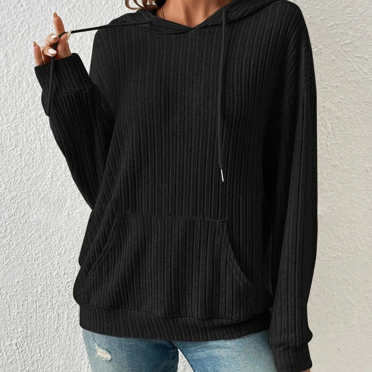 Mandotos Womens Knit Hoodie Sweatshirt With Pockets Drawstring Long Sleeve Solid Sunken Stripe Knitwear - MANDOTOS
