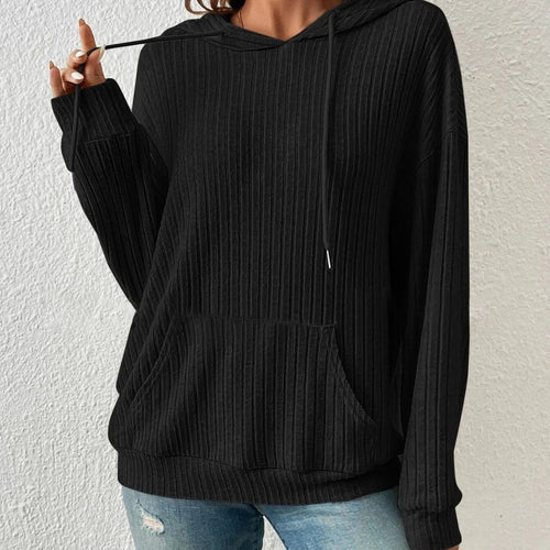 Mandotos Womens Knit Hoodie Sweatshirt With Pockets Drawstring Long Sleeve Solid Sunken Stripe Knitwear - MANDOTOS