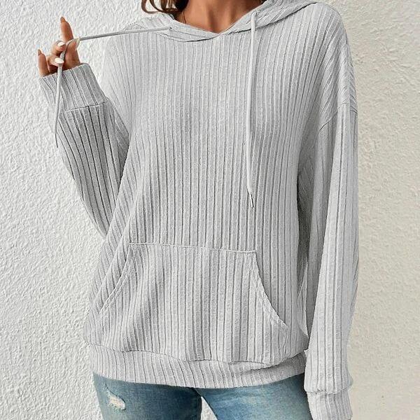 Mandotos Womens Knit Hoodie Sweatshirt With Pockets Drawstring Long Sleeve Solid Sunken Stripe Knitwear - MANDOTOS