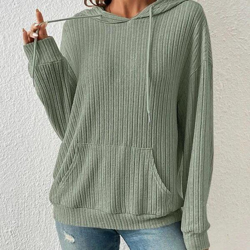 Mandotos Womens Knit Hoodie Sweatshirt With Pockets Drawstring Long Sleeve Solid Sunken Stripe Knitwear - MANDOTOS