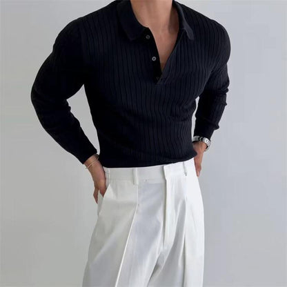 Men's Polo Shirt - Lapel Button Long Sleeve Slim Fit - MANDOTOS
