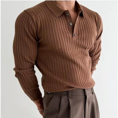 Men's Polo Shirt - Lapel Button Long Sleeve Slim Fit - MANDOTOS