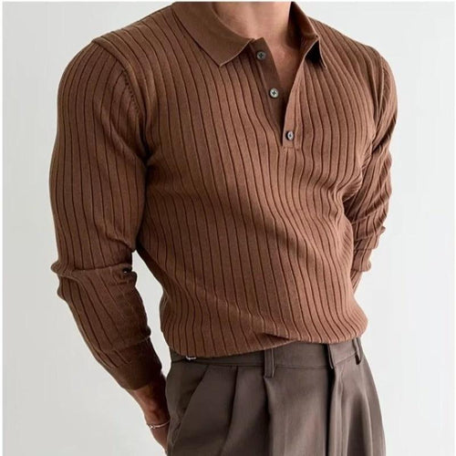 Men's Polo Shirt - Lapel Button Long Sleeve Slim Fit - MANDOTOS