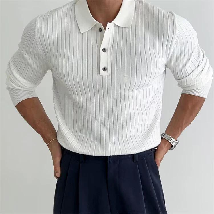 Men's Polo Shirt - Lapel Button Long Sleeve Slim Fit - MANDOTOS