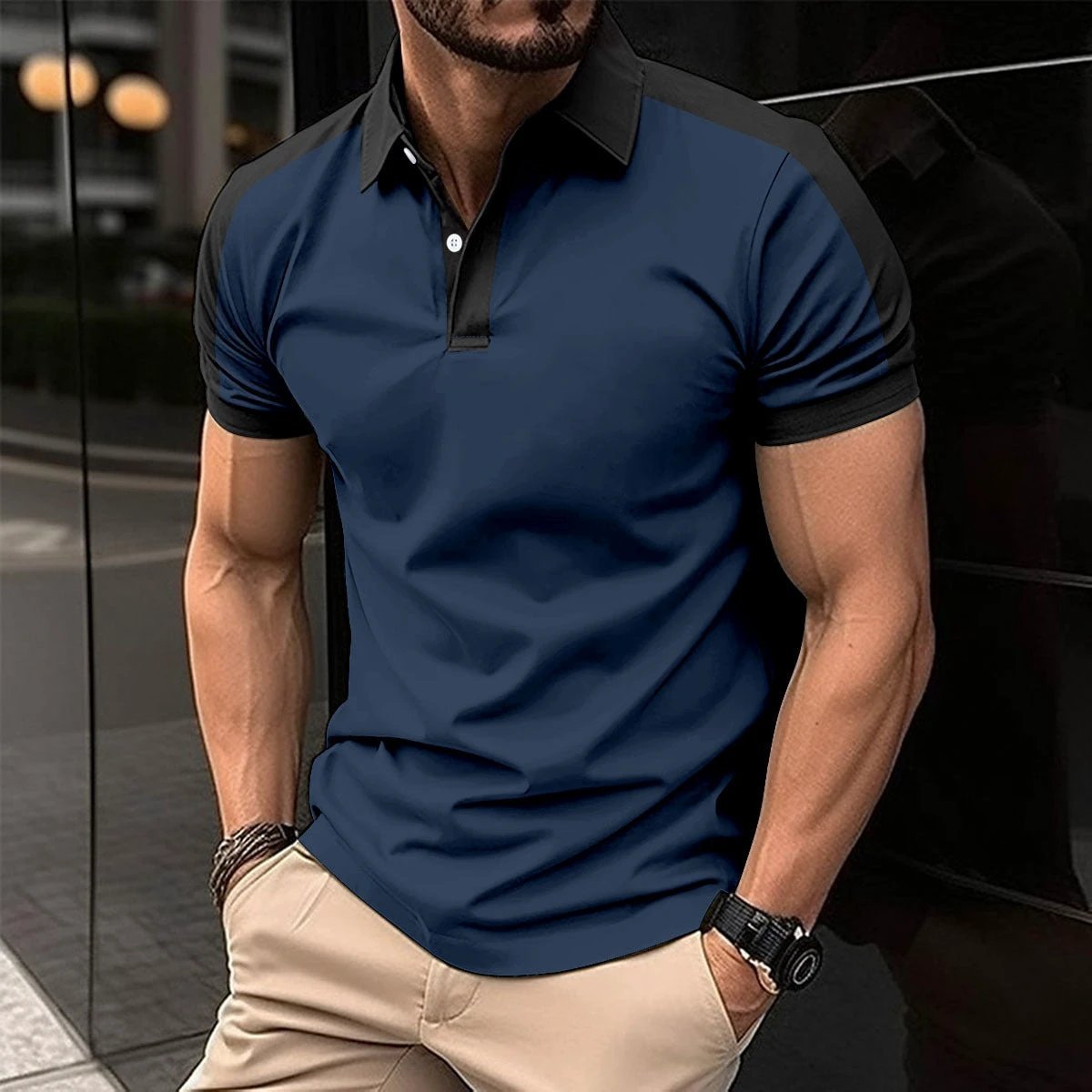 Men's short sleeve business polo shirt by MANDOTOS, casual summer shirt with a classic collar and button front design.