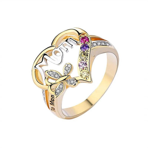 Mother's Day Gift Hollow Heart English Letter Love Mom Rhinestone Butterfly Finger Ring Jewelry Gift - MANDOTOS